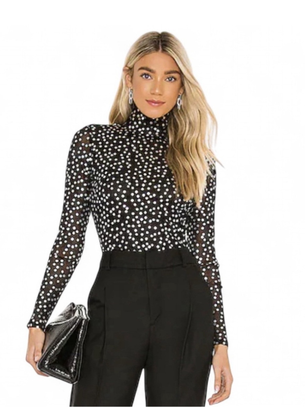 Cinq à Sept Black Sequin Polka Dot Mesh Mock Neck Top Size Medium